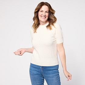 DG2 by Diane Gilman Pointelle SoftEase Knit Puff-Sleeve Sweater