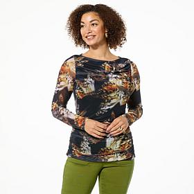 DG2 by Diane Gilman Printed Mesh Boat-Neck Top