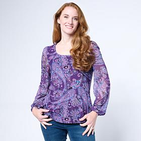 DG2 by Diane Gilman Printed Mesh Knit Lantern-Sleeve Top