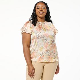 DG2 by Diane Gilman Printed Satin Flutter-Sleeve Blouse