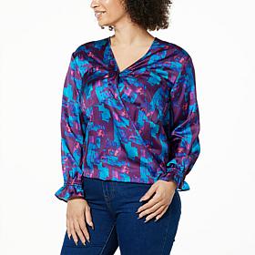 DG2 by Diane Gilman Printed Satin Hi-Low Hem V-Neck Blouse