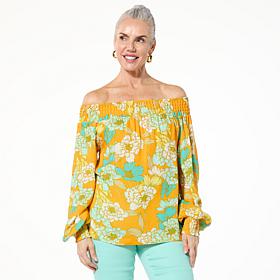 DG2 by Diane Gilman Printed Smocked Off-Shoulder Top