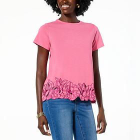 DG2 by Diane Gilman Short-Sleeve Jersey Knit Embroidered Tee
