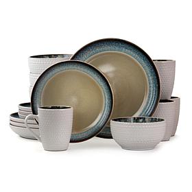 Elama Modern Dot 16 Piece Stoneware Dinnerware Set in Taupe with Bl...