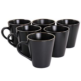 Elama Paul 6-Piece Stoneware Mug Set in Matte Black with Gold Rim