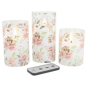Emryn House Floral Glass Flameless Candles Set of 3 with Remote
