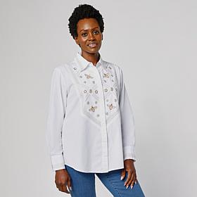 G by Giuliana Embroidered Bib Woven Button Front Shirt