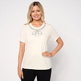 G by Giuliana Knit Top with Rhinstone Bow Neckline