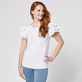 G by Giuliana Knit Top with Tiered Woven Sleeves