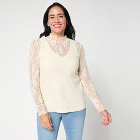 G by Giuliana Mock Neck Lace Knit Top with Cami