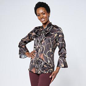 G by Giuliana Nutcracker Chain Print Blouse with Neck Tie