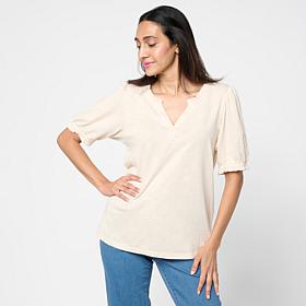 G by Giuliana Ruffle Neck Knit Top with Puff Sleeves