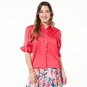 G by Giuliana Stretch Satin Flounce-Sleeve Button-Up Blouse