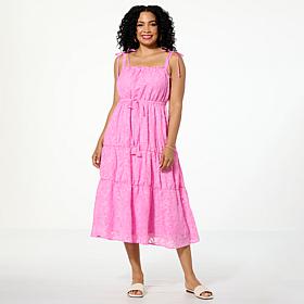 G by Giuliana Tie-Shoulder Woven Tiered Midi Dress