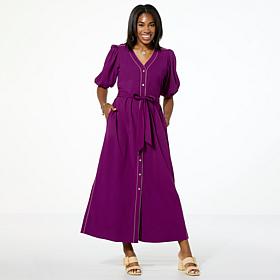 G by Giuliana Woven Embroidered Puff-Sleeve Midi Dress