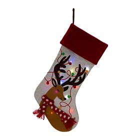Glitzhome 21" L LED Embroidered Linen Reindeer Christmas Stocking