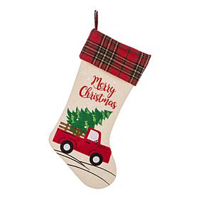 Glitzhome 21in. H Embroidered Linen Christmas Red Truck Stocking