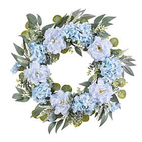 Glitzhome 24" Blue Peony & Hydrangea Floral Wreath with Hanger