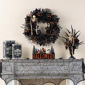 Glitzhome 24"D Halloween Black Rose, Skeleton & Berry Wreath w Hanger