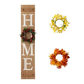 Glitzhome 42in H Wooden Home Porch Sign with 3 Changeable Wreathes.
