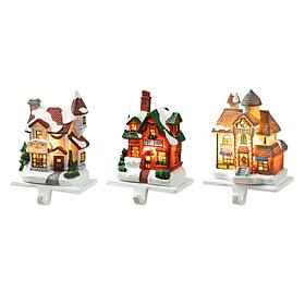 Glitzhome 6" 3-pk of Lighted Resin House Stocking Holders