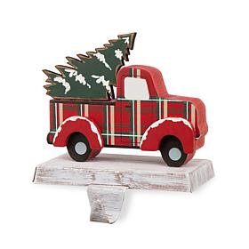 Glitzhome 6" Wooden and Metal Red Truck Stocking Holder