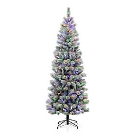 Glitzhome 7.5ft Pre-Lit Flocked Pencil Green Pine Christmas Tree 