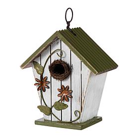 Glitzhome 8.75" Solid Wood Distressed Birdhouse with 3D Floral Accents