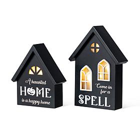 Glitzhome 8"H 2pc Lighted Halloween Wooden House-shaped Table Decor