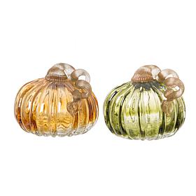 Glitzhome Set of 2 Green and Amber Crackle Glass Short Pumpkin