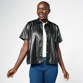 HUE Faux Leather Short-Sleeve Button-Up Shirt