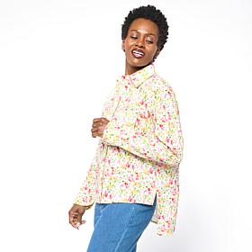 HUE Long-Sleeve Ruffle Trim Cotton Voile Top