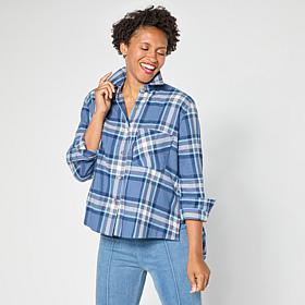 HUE Plaid Flannel Button-Down Hi-Low Hem Shirt