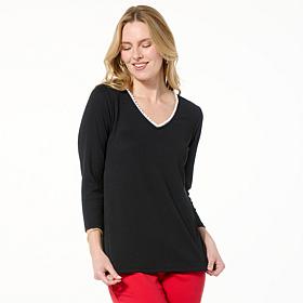 IMAN Global Chic Ribbed Top with Embellished Neckline