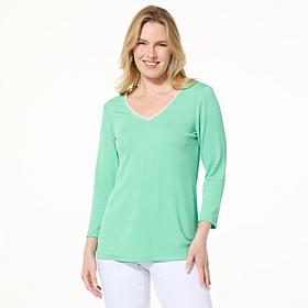 IMAN Global Chic Ribbed Top with Embellished Neckline