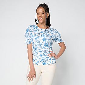 Jaclyn Smith Fine Ribbed Knit Pleated Puff-Sleeve Tee