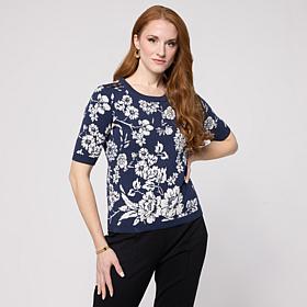 Jaclyn Smith Jacquard Sweater Knit Tee with Button Detail
