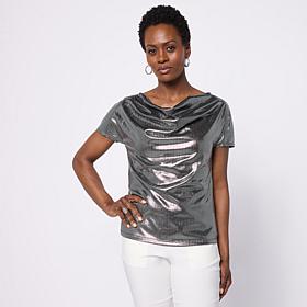 Jaclyn Smith Metallic Knit Cap Sleeve Cowl Neck Top