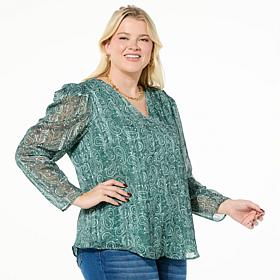 Jaclyn Smith Metallic Stripe Pleated V-Neck Blouse