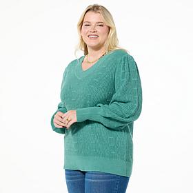 Jaclyn Smith Pointelle V-Neck Puff Sleeve Sweater