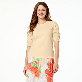 Jaclyn Smith Ruched Puff-Sleeve Cotton Slub Knit Tee