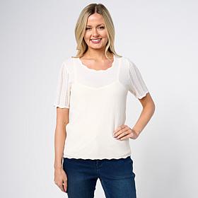 Jaclyn Smith Shiny Ribbed Knit Pointelle Sweater with Detachable Cami