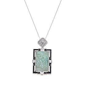 Jade of Yesteryear Art Deco Carved Jade and CZ Pendant with Chain