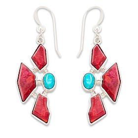 Jay King Sterling Silver Red Coral and Turquoise Drop Earrings