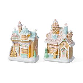 Lighted Christmas Macaron Resin Village Table Decor 2-piece Set
