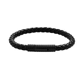 Men's Black Braided Leather Bracelet with Textured Clasp