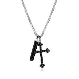 Men's Gunmetal Sterling Silver Onyx & Spinel Cross Pendant Necklace