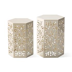 Multi-Functional Set of 2 White Iron Hexagonal Garden Stools