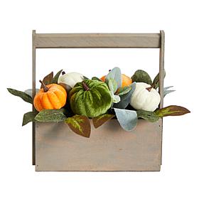Nearly Natural 10 in. Fall Pumpkin Autumn Arrangement in Wood Basket