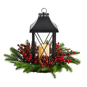 Nearly Natural 16" Holiday Berries, Greenery with Lantern & LED Candle